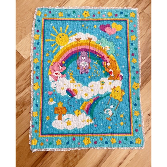 Vintage Care Bear Baby Nursery Blanket Quilt Comforter Rainbow